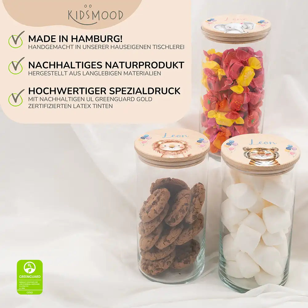 Vorratsglas mit Tierdesign - Kinderzimmer Aufbewahrung mit Namen - 1200ml groß