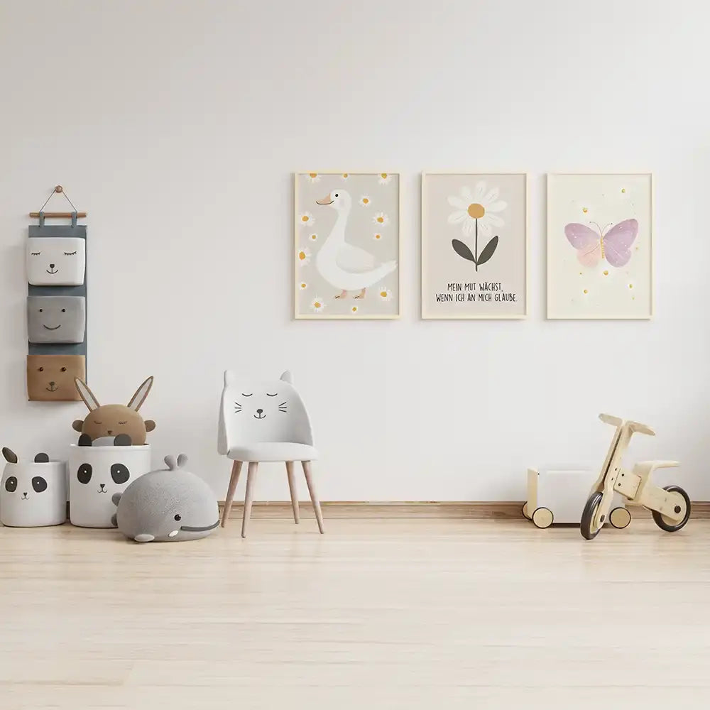 Poster 3er-Set - Ente, Gänseblümchen & Schmetterling fürs Kinderzimmer
