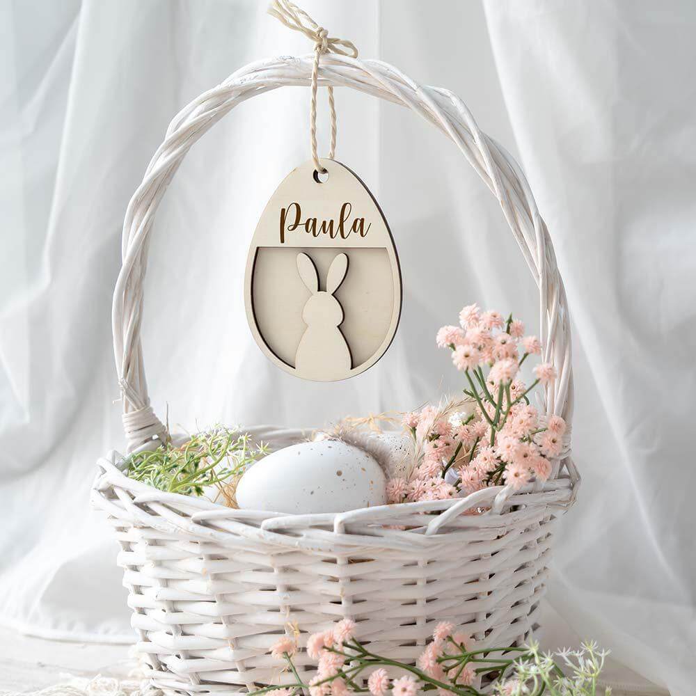 close-up of wooden Easter decoration with personalized name