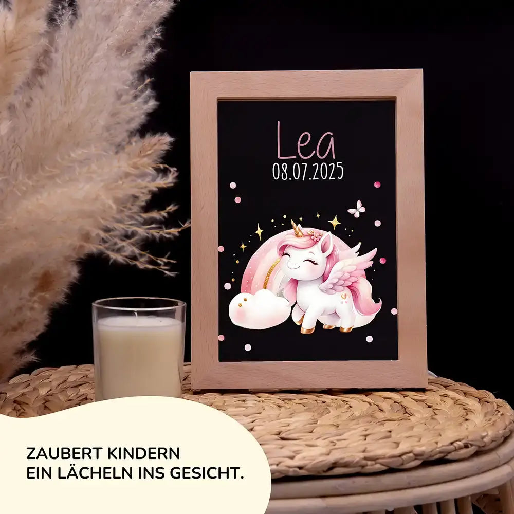 Personalisiertes LED Nachtlicht Bilderrahmen mit Namen - Einhorn