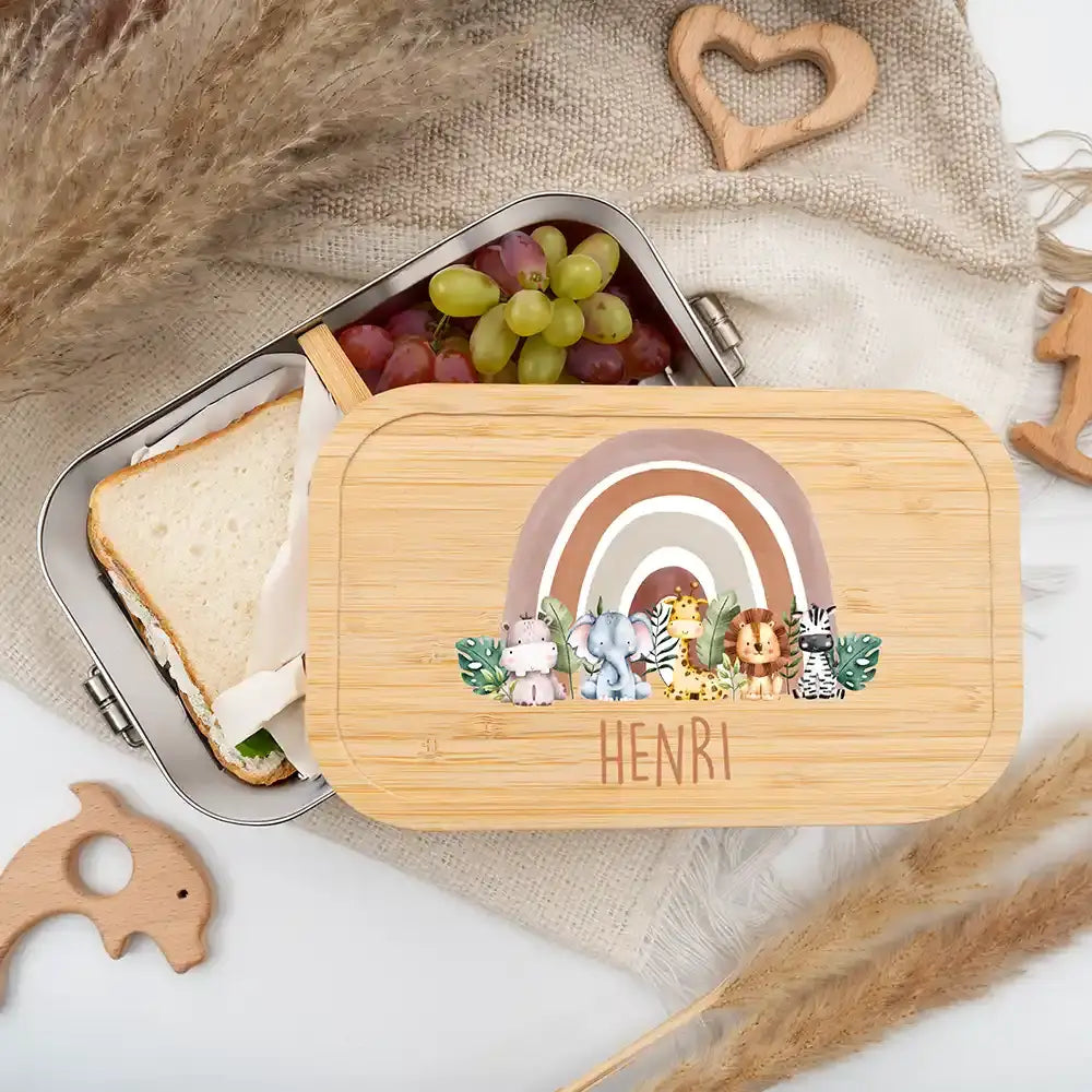 personalisierte brotdose mit tierfamilie und regenbogen design