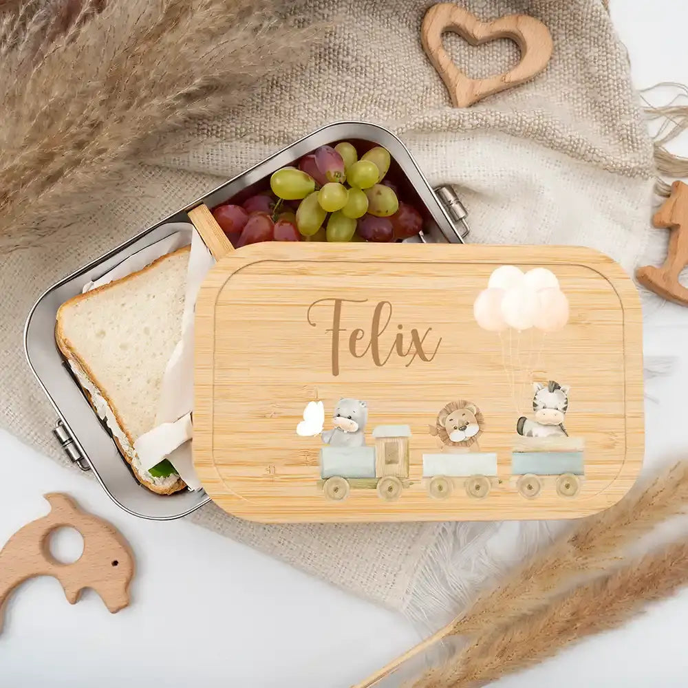 personalisierte brotdose mit tiere eisenbahn design