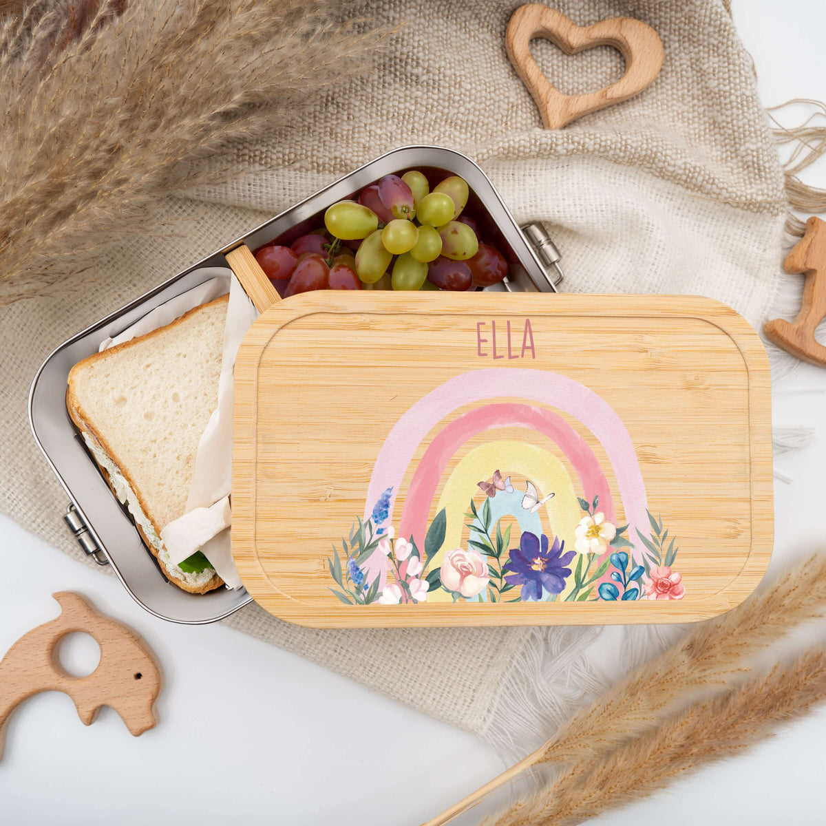 personalisierte brotdose mit blumen und regenbogen design