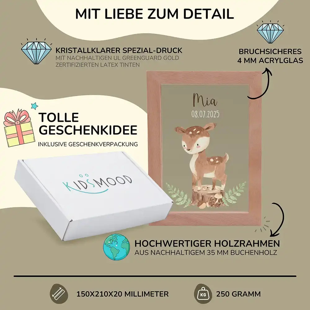 Personalisiertes LED Nachtlicht Bilderrahmen mit Namen - Reh