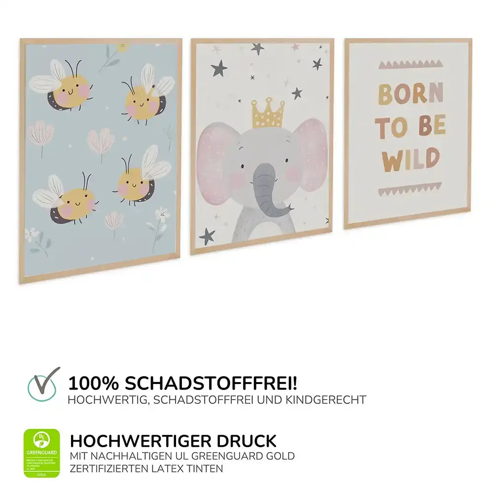 Poster 3er-Set - Bienen, Elefant & "Born to be wild" fürs Kinderzimmer