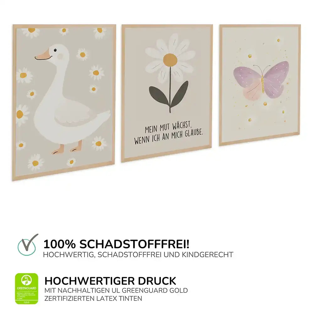 Poster 3er-Set - Ente, Gänseblümchen & Schmetterling fürs Kinderzimmer