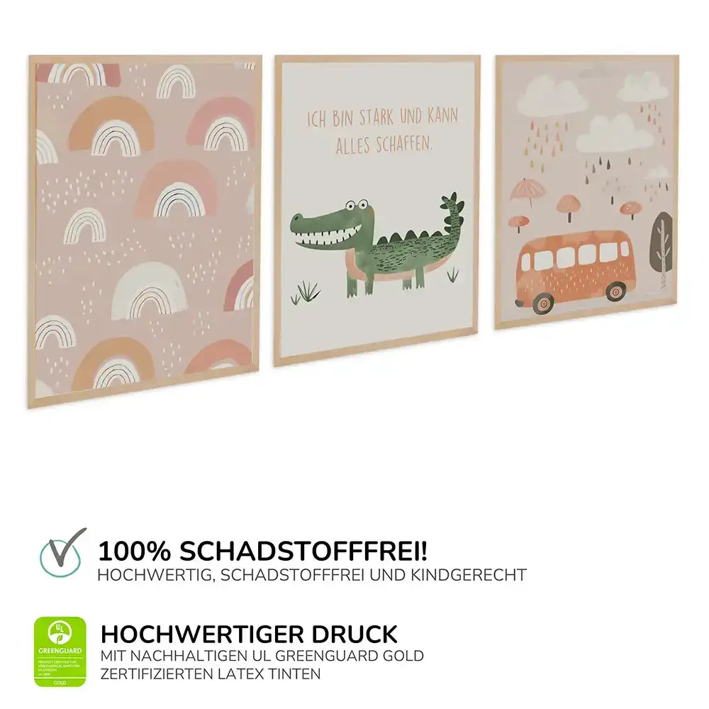 Poster 3er-Set - Regenbögen, Krokodil & Regenwetter fürs Kinderzimmer
