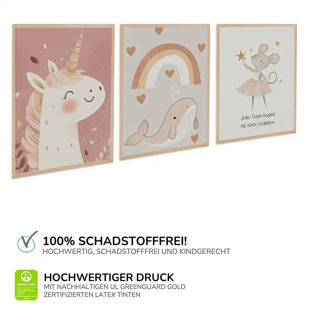 Poster 3er-Set - Einhorn, Wal & Mäuschen fürs Kinderzimmer