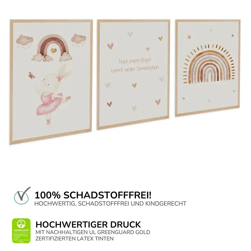Poster 3er-Set - Häschen-Ballerina, Regenbogenspruch & Regenbogen fürs Kinderzimmer