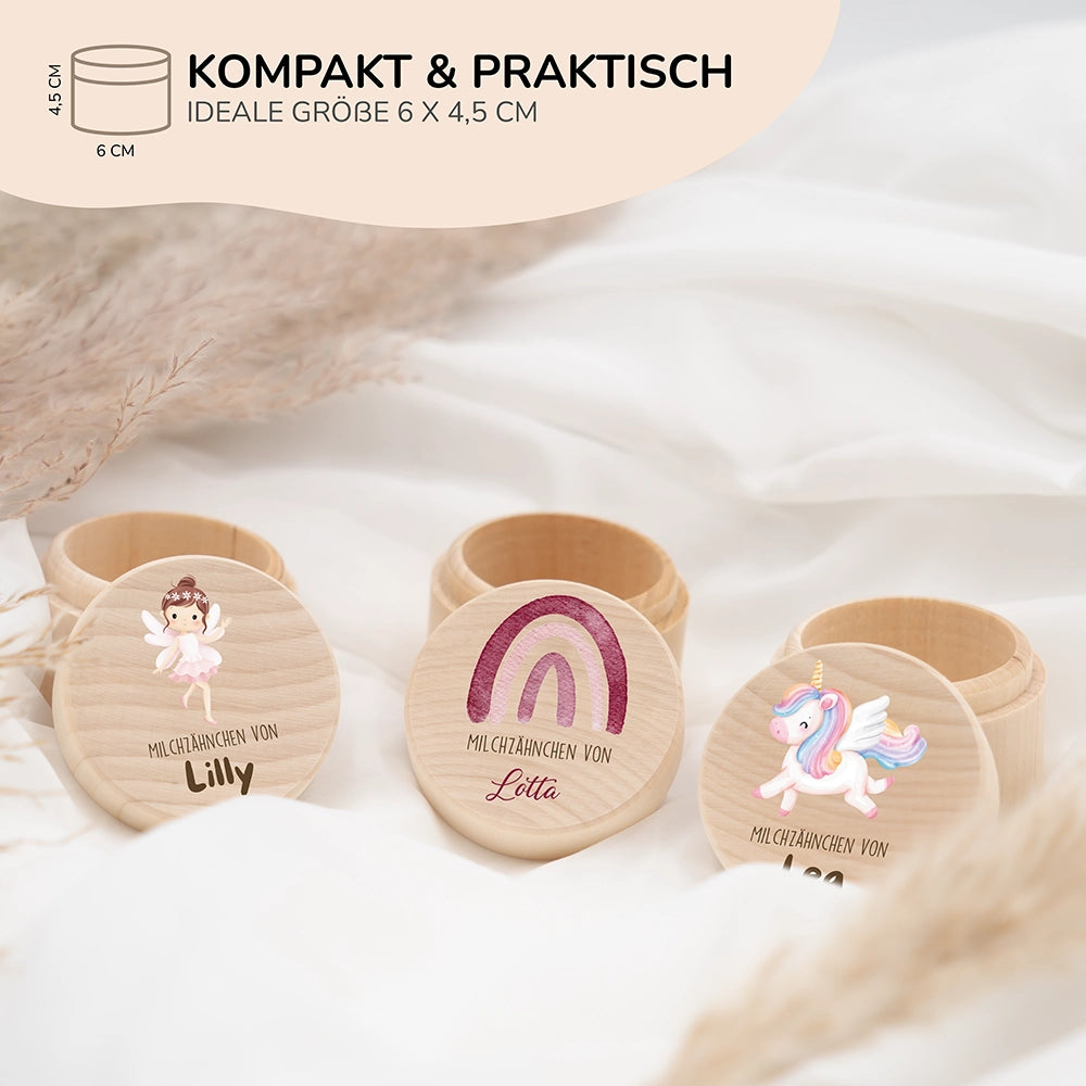 Zahndose Milchzähne personalisiert - Holz Zahnbox mit Wunschnamen - Regenbogen Motiv
