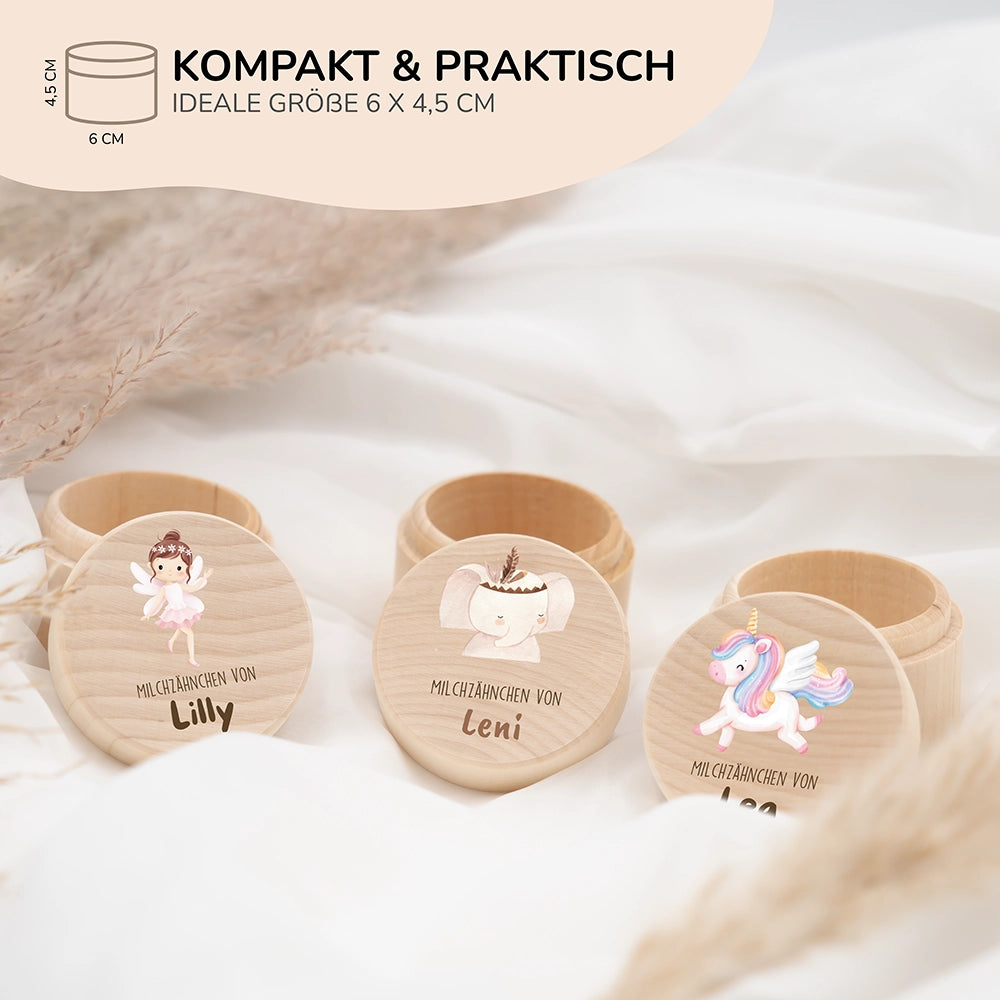 Zahndose Milchzähne personalisiert - Holz Zahnbox mit Wunschnamen - Elefant mit Kranz Motiv