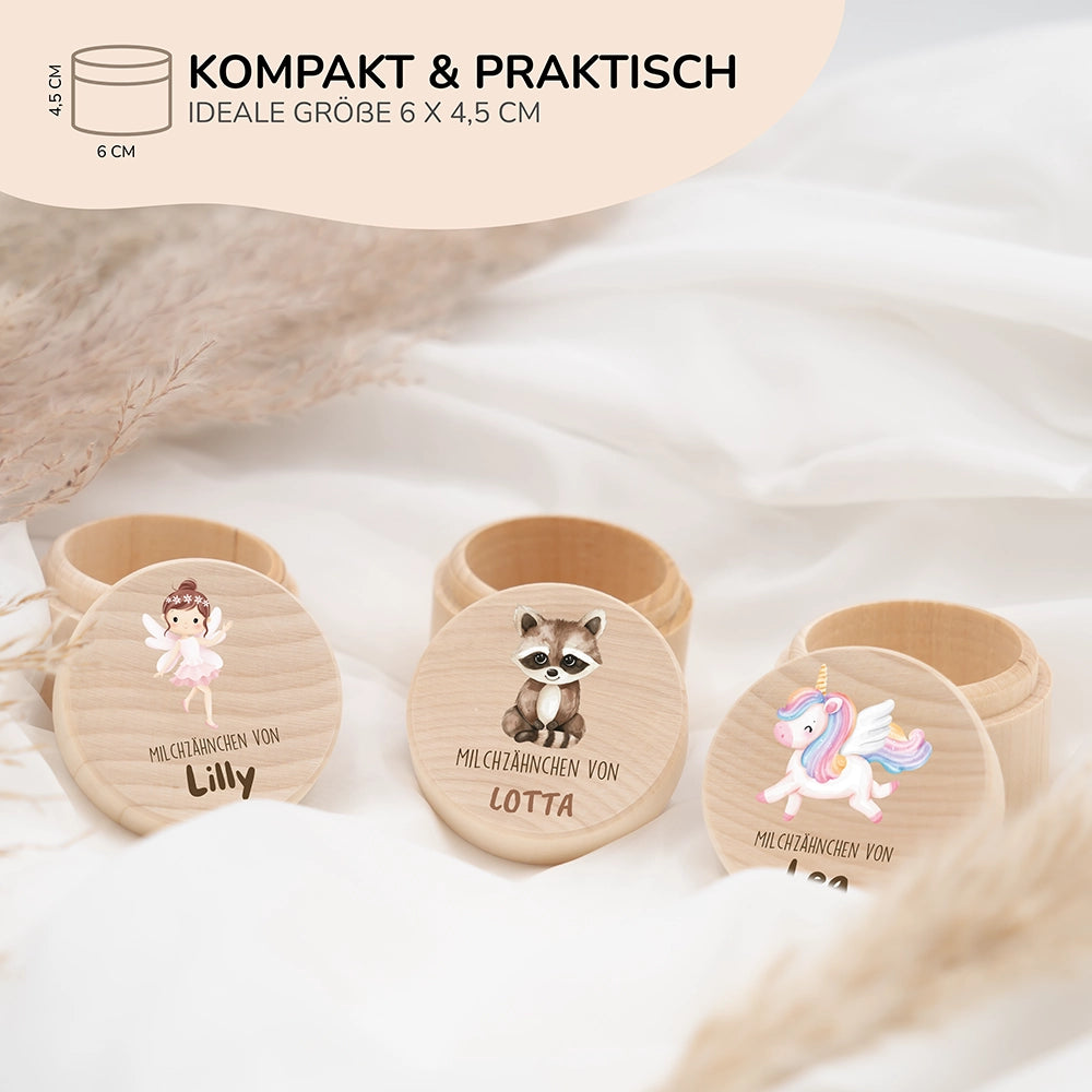 Zahndose Milchzähne personalisiert - Holz Zahnbox mit Wunschnamen - Waschbär