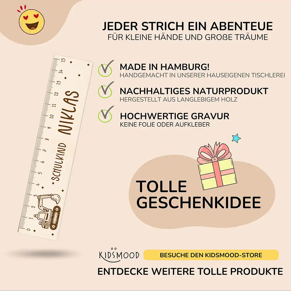 detailansicht des personalisierten holzlineals mit bagger