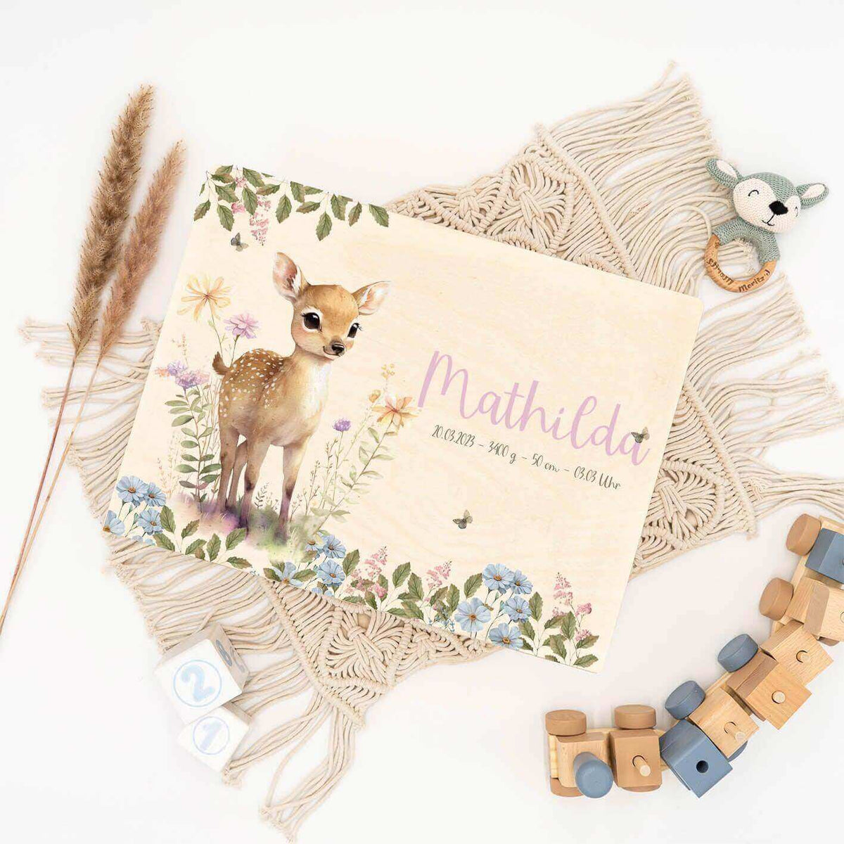 personalized memory box with deer in the forest design