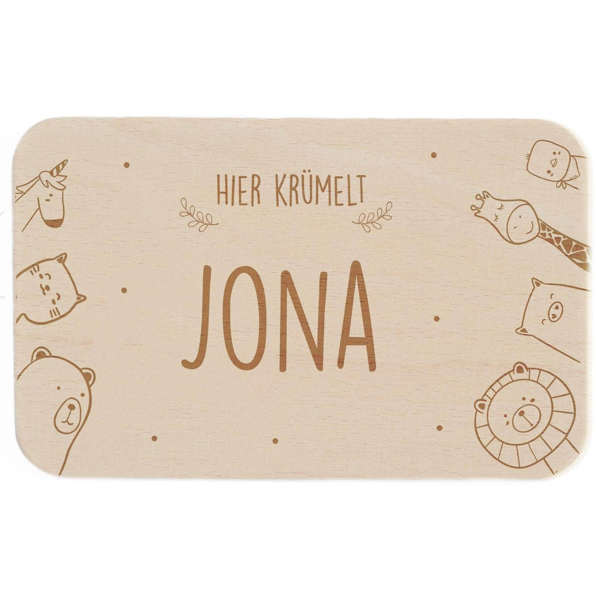 handcrafted breakfast board with personalized animal family engraving