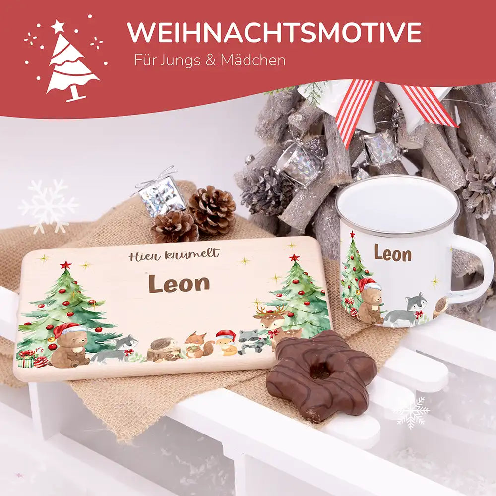 Weihnachts-Set Frühstücksbrettchen und  Emaille Tasse - Niedliche Waldtiere