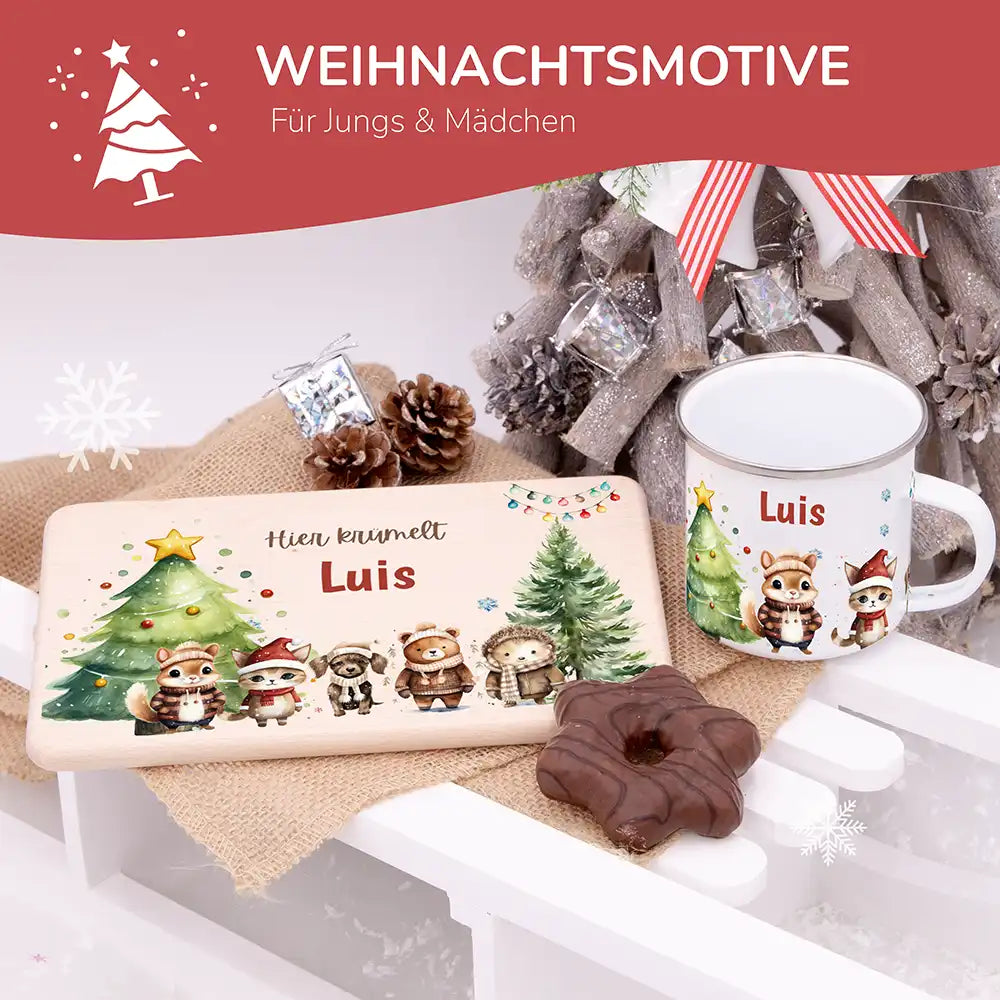 Weihnachts-Set Frühstücksbrettchen und  Emaille Tasse - Schneeflocken-Bande