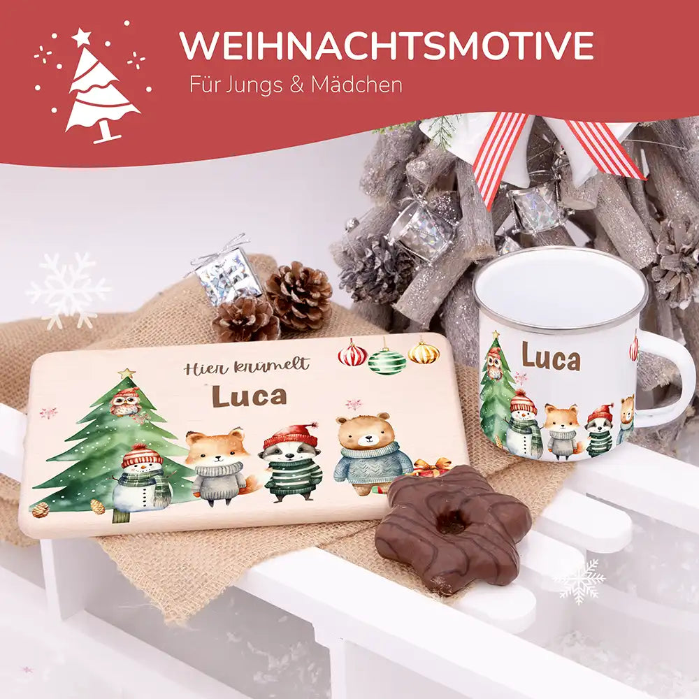 Weihnachts-Set Frühstücksbrettchen und  Emaille Tasse - Kuscheltier-Abenteuer
