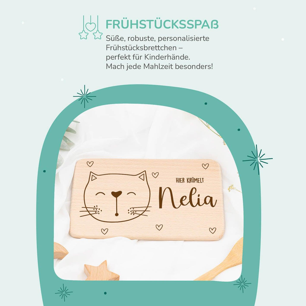 detailed view of kitten design on breakfast board