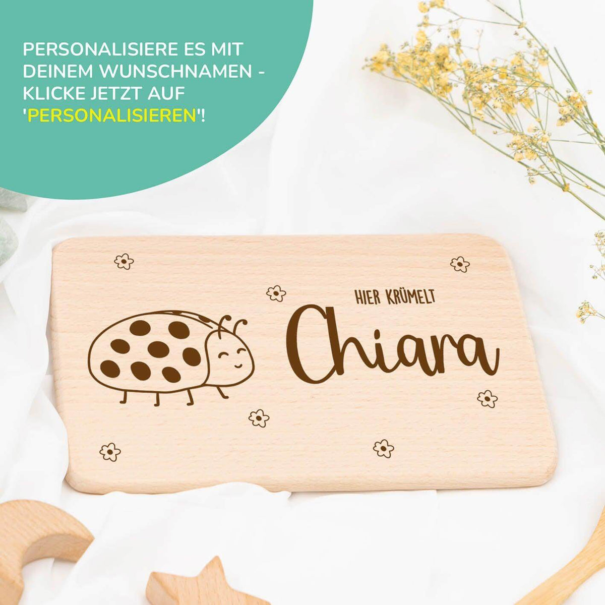 engraved breakfast board with ladybug and custom name