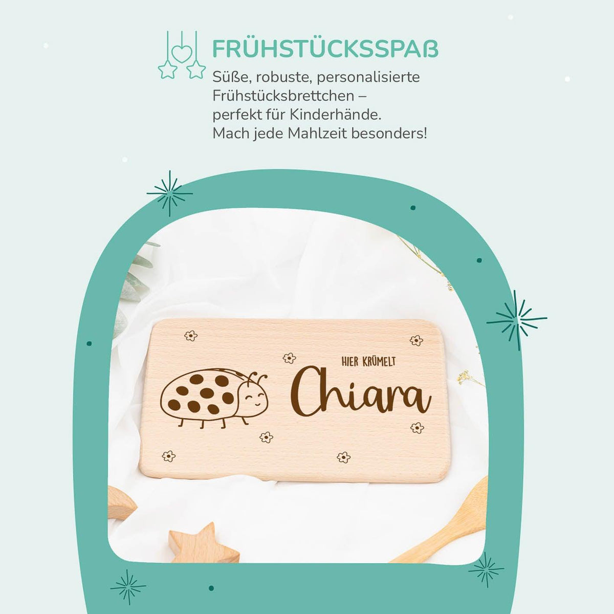 detailed view of ladybug design on breakfast board