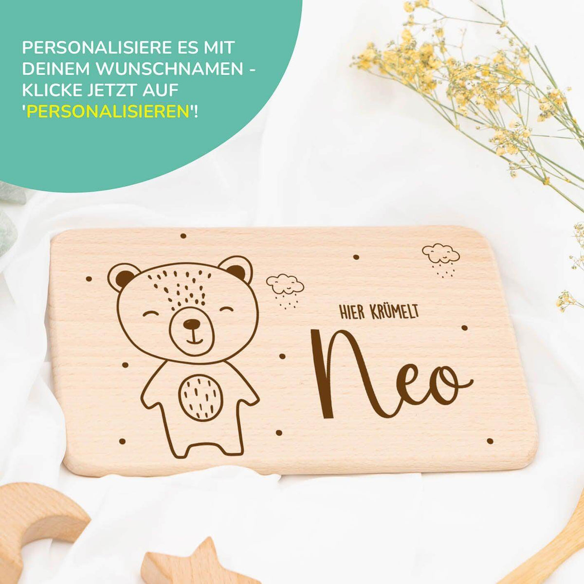 engraved breakfast board with baby bear and custom name