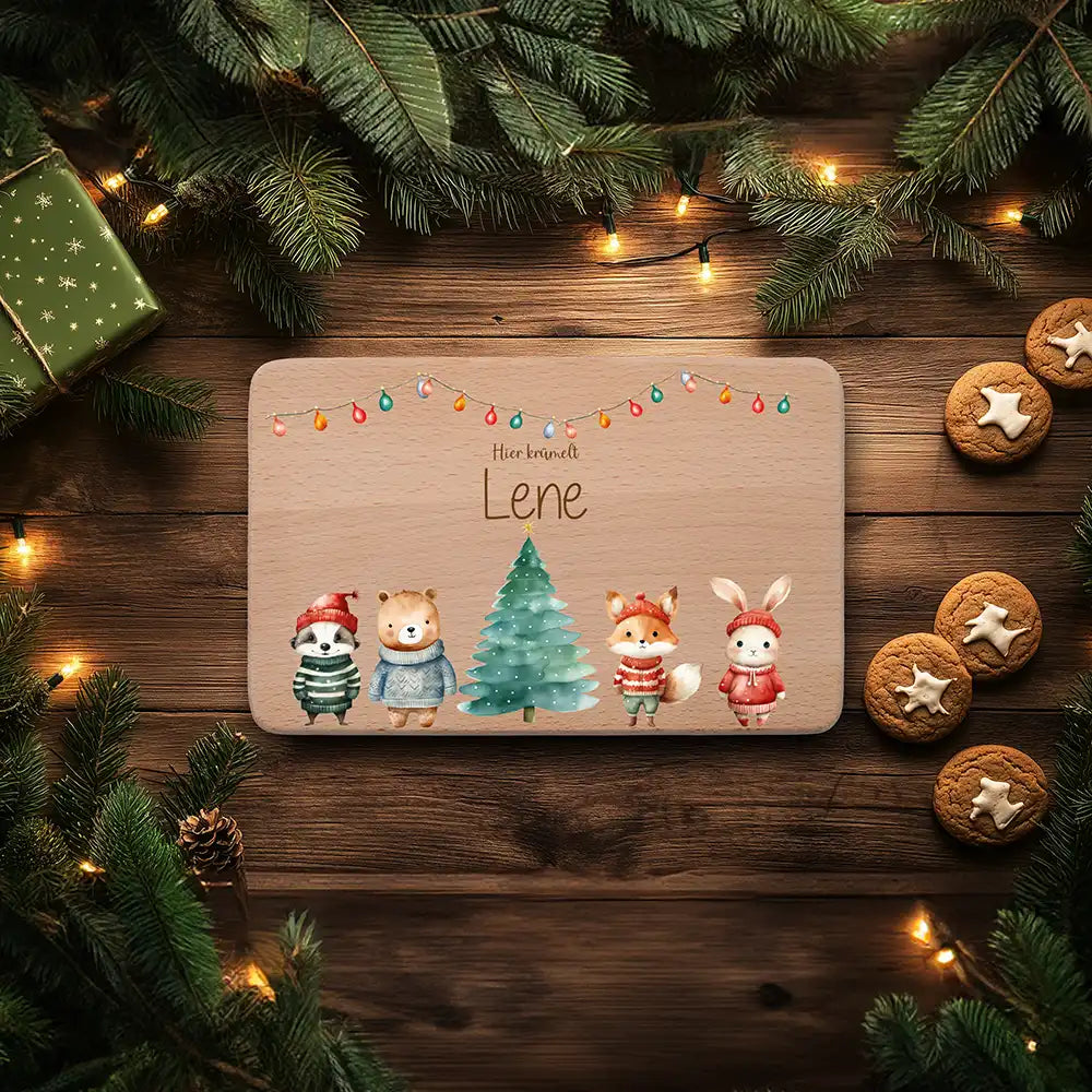 Weihnachts-Set Frühstücksbrettchen + Emaille Tasse - Winterfamilie