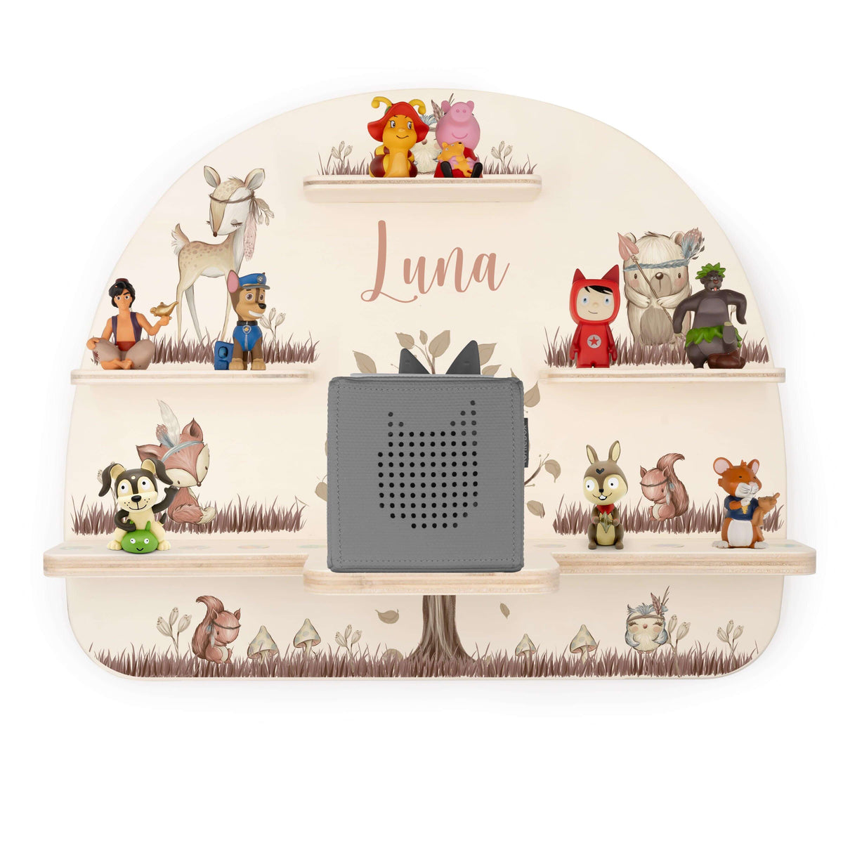 personalisiertes tonie-regal aus holz mit woodland design
