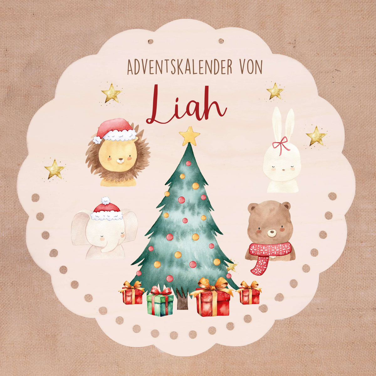 Personalisierter runder Adventskalender Kinder aus Holz  - Weihnachtliche Tierwelt