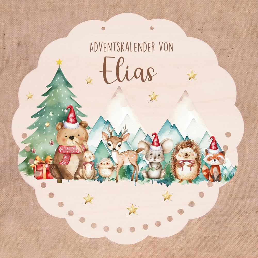 Personalisierter runder Adventskalender Kinder aus Holz  - Winterwald & seine Bewohner