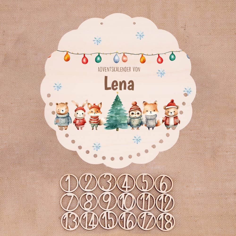 Personalisierter runder Adventskalender Kinder aus Holz  - Niedliche Waldfreunde