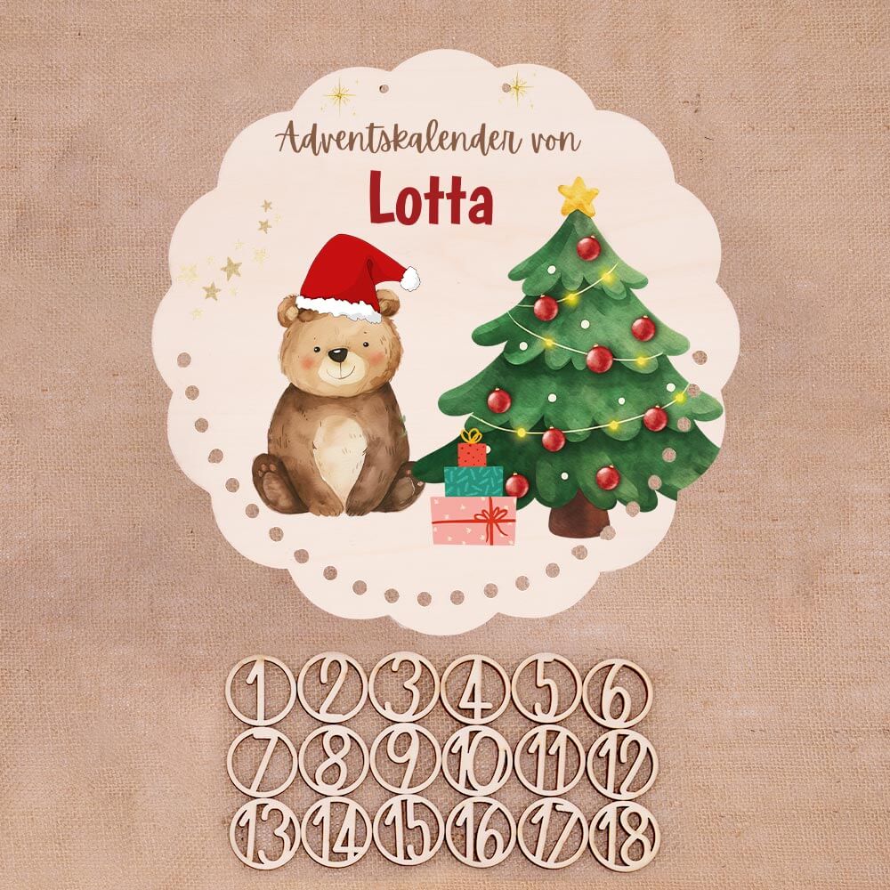 Personalisierter runder Adventskalender Kinder aus Holz  - Weihnachtsbär