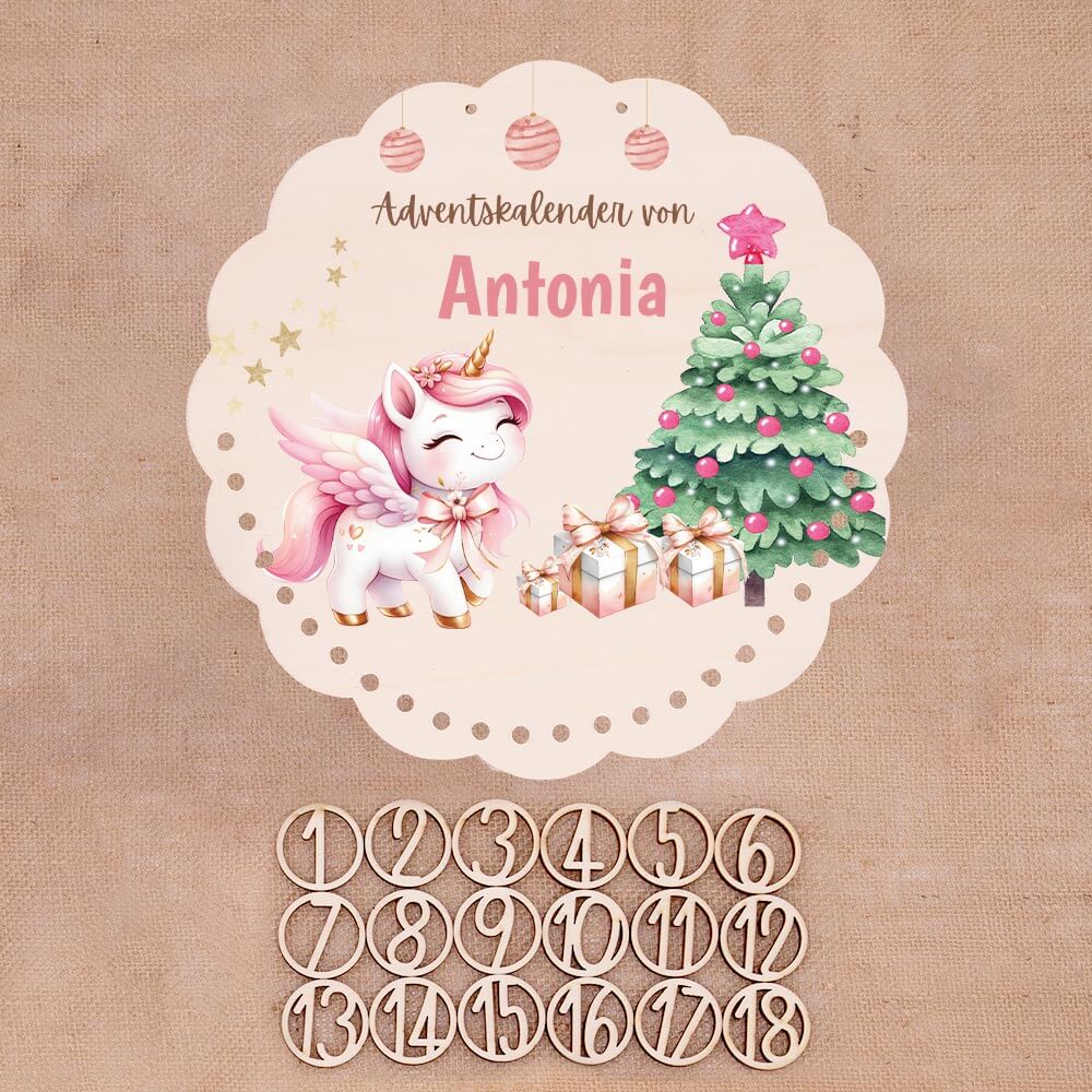 Personalisierter runder Adventskalender Kinder aus Holz  - Baby Einhorn