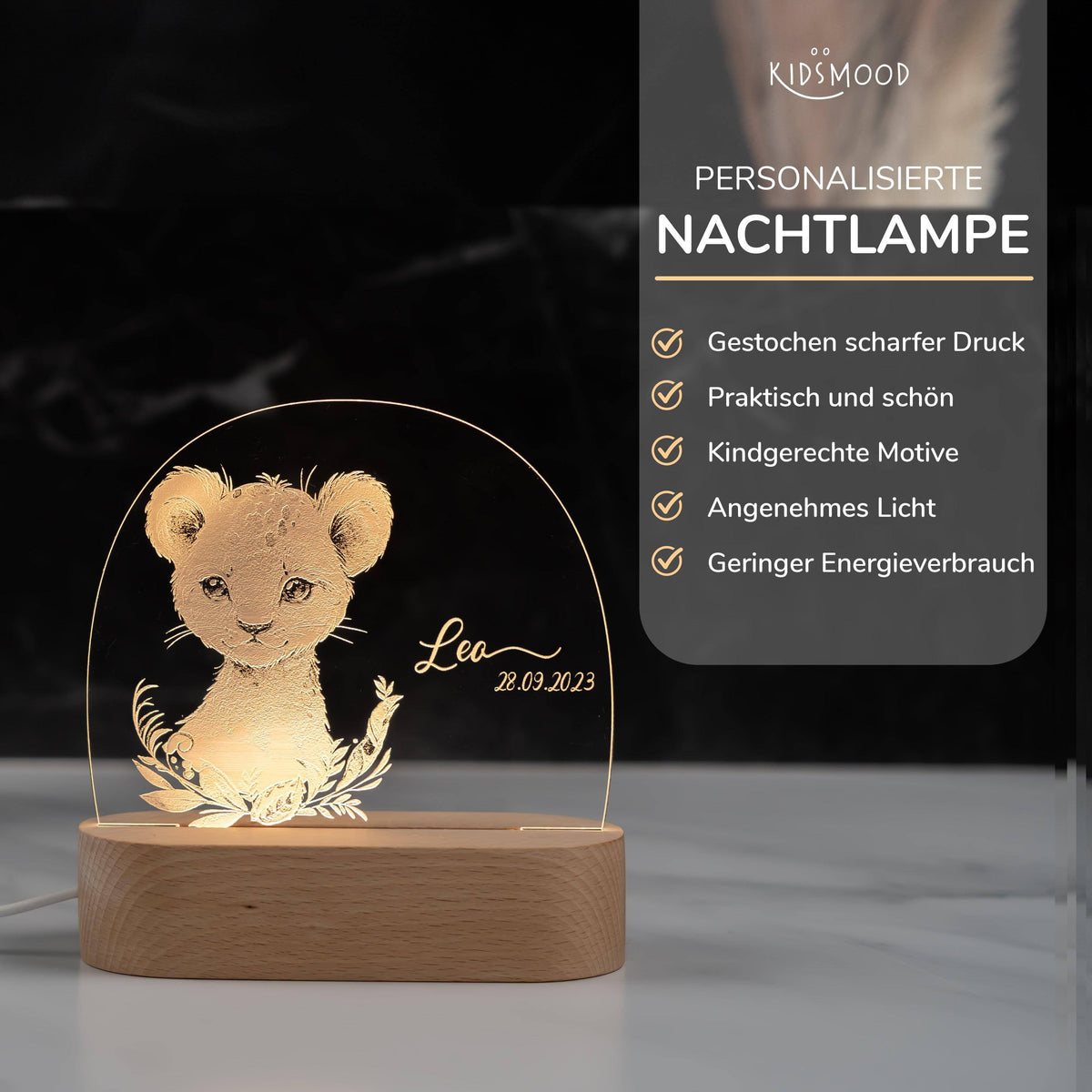 nachtlampe mit baby-löwe motiv und individuellem namen
