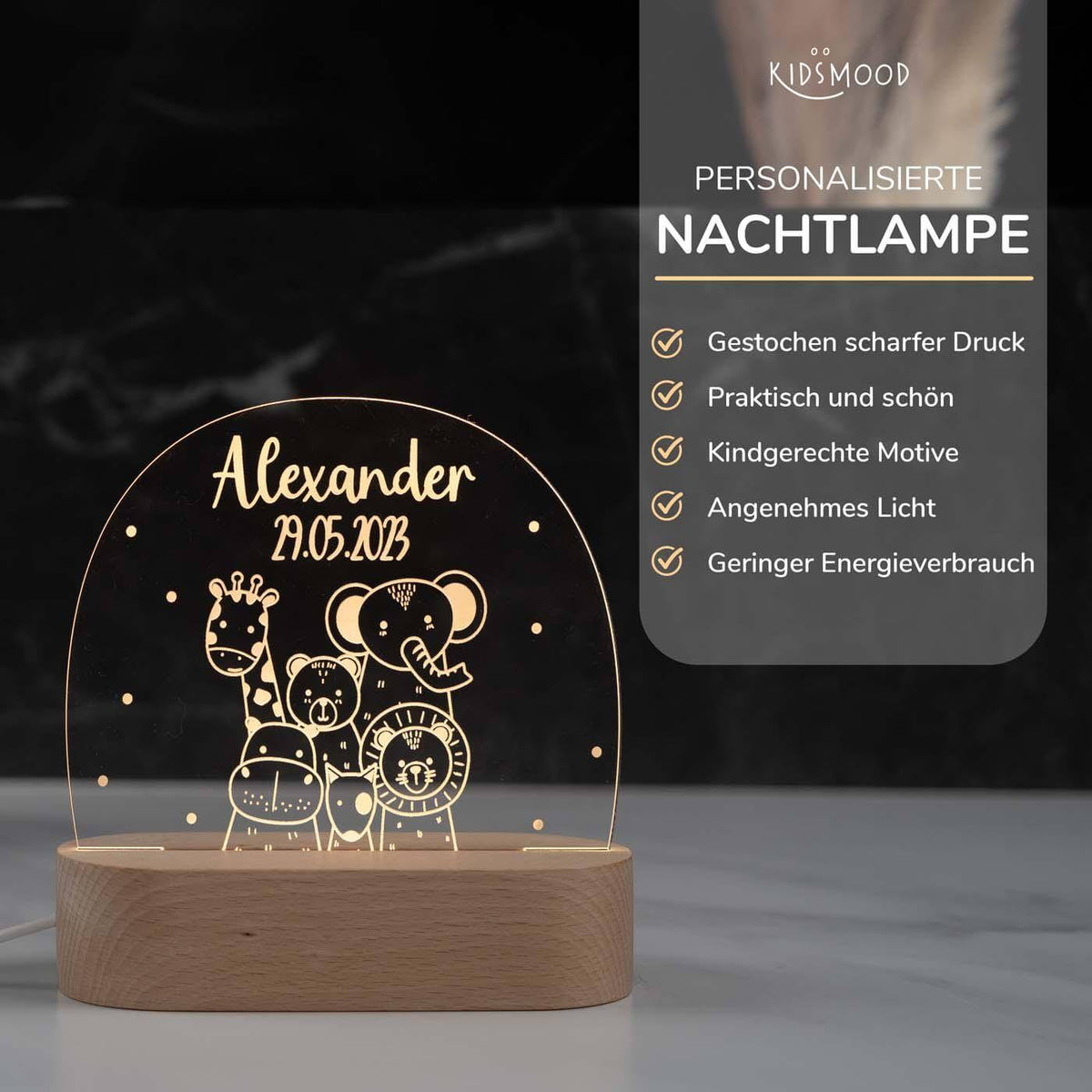handgefertigte nachtlampe mit tierfreunde gravur