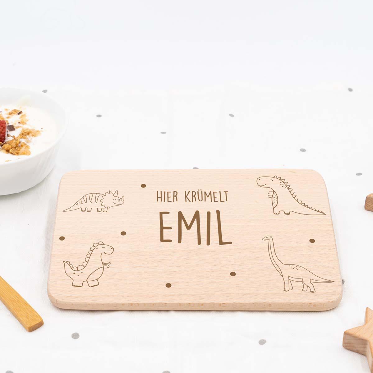 personalized dinosaur breakfast board with custom name