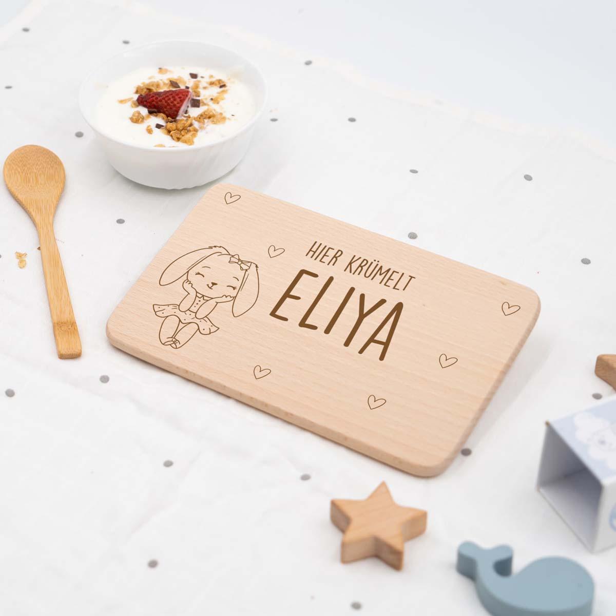 engraved breakfast board with rabbit and custom name