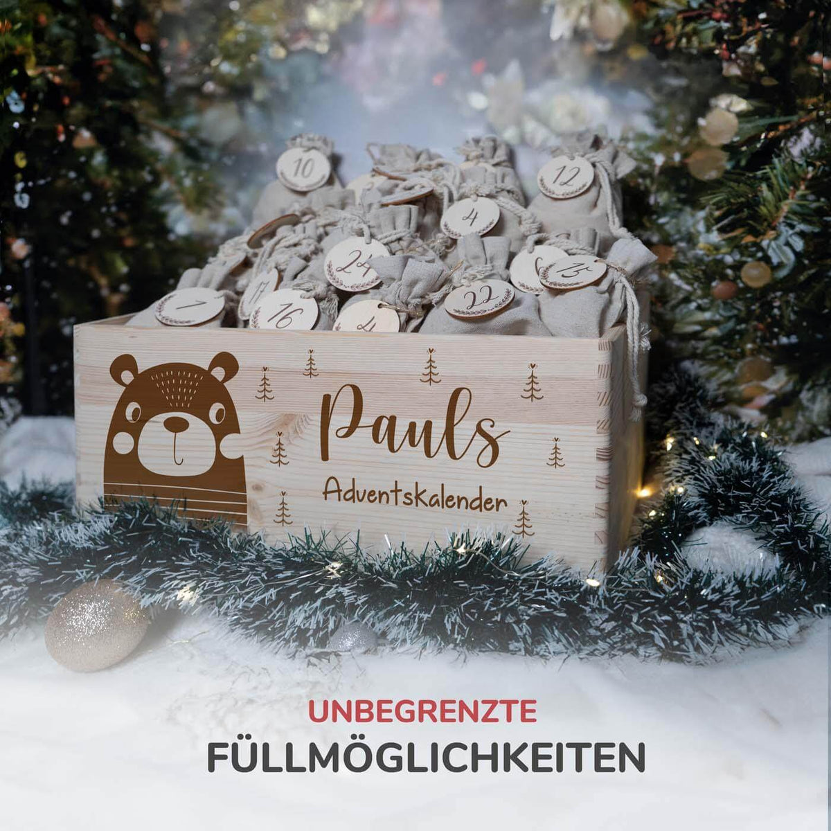 adventskalender mit bär motiv und individuellem namen