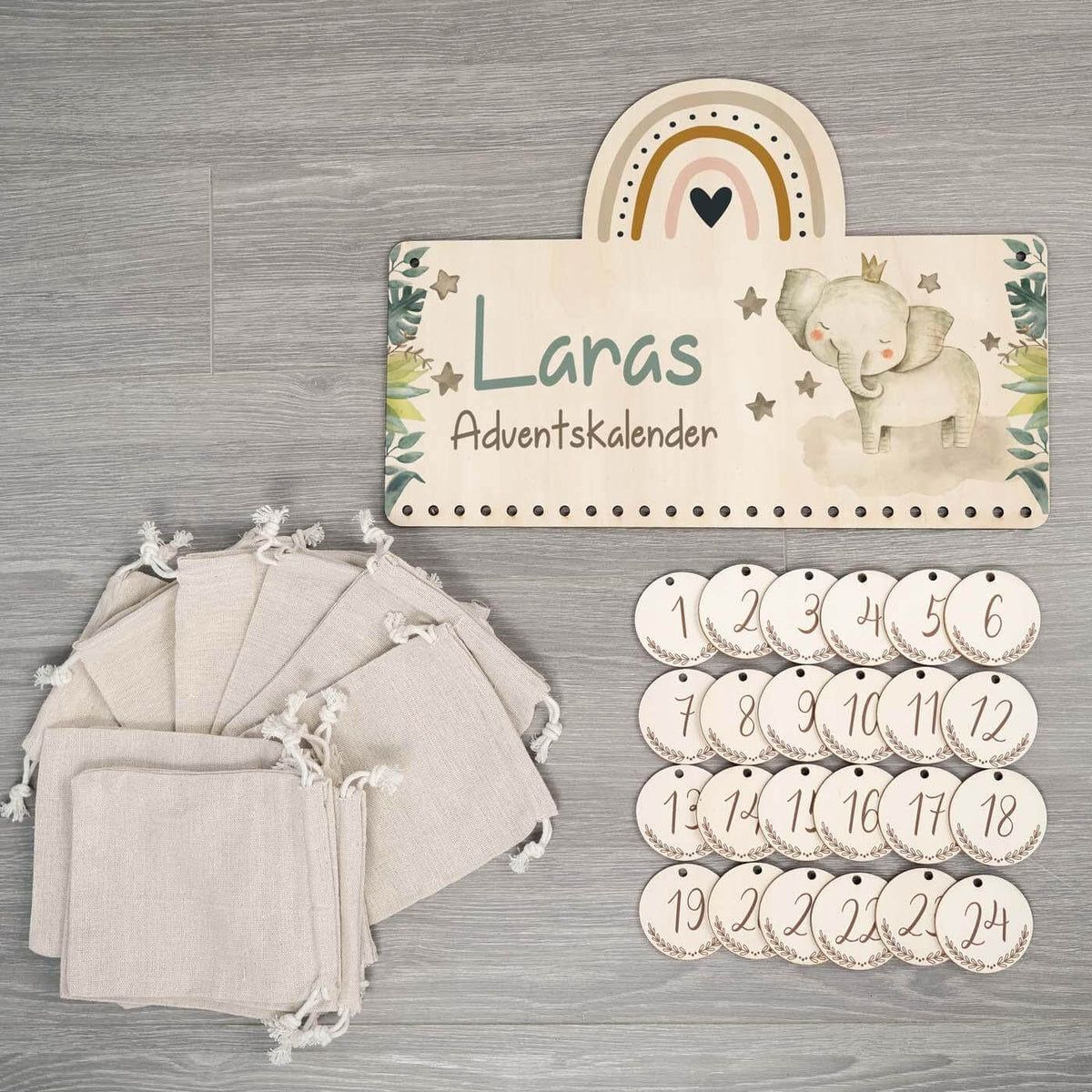 engraved wooden advent calendar with elephant