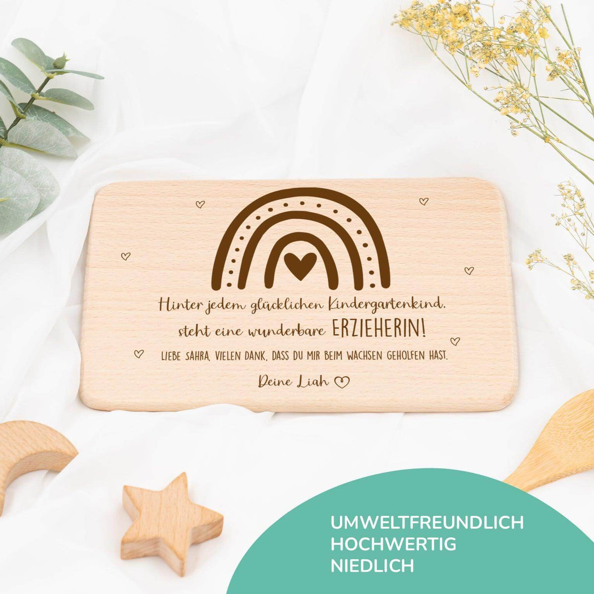 engraved breakfast board with custom name and farewell gift motif