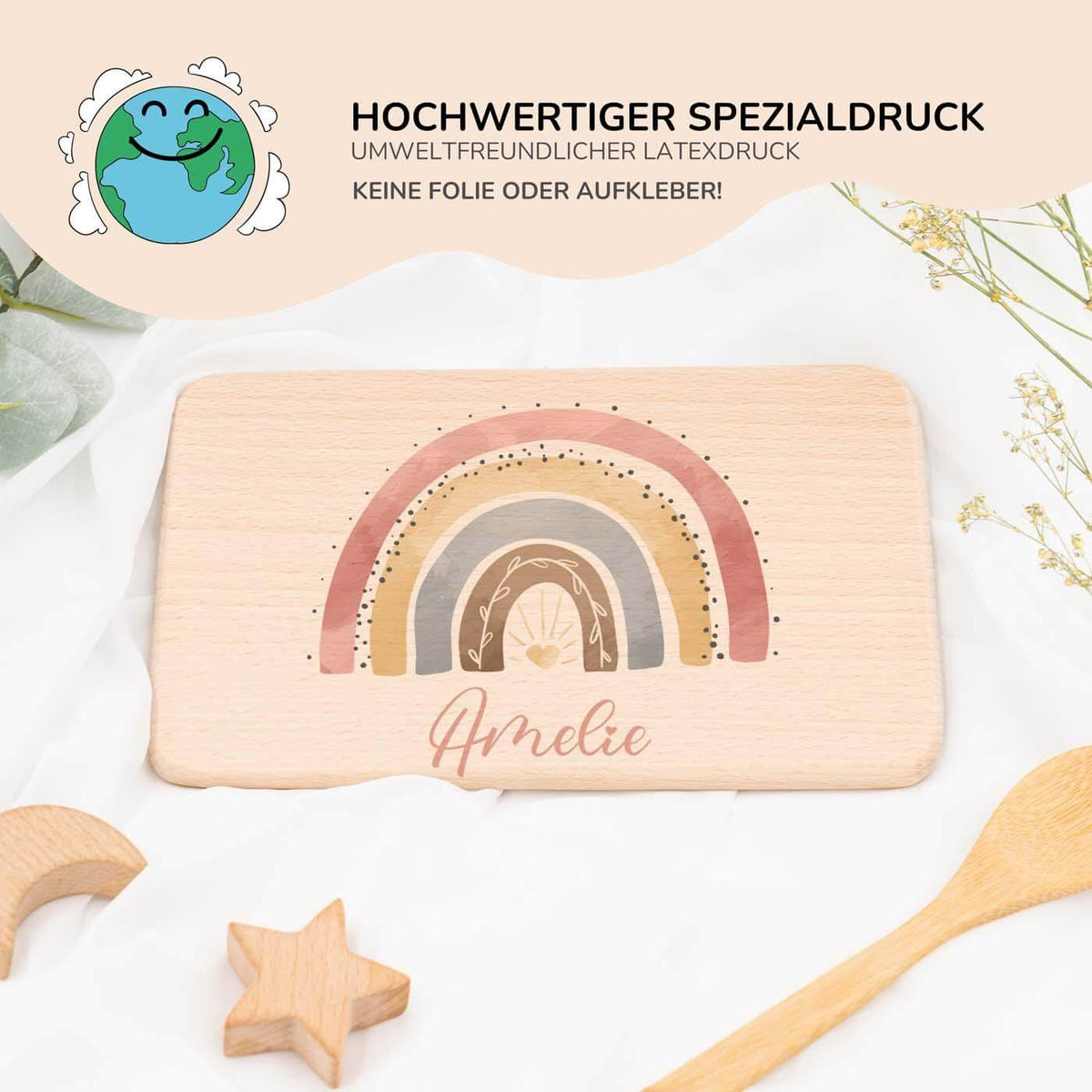 frühstücksbrettchen mit regenbogen motiv und individuellem namen