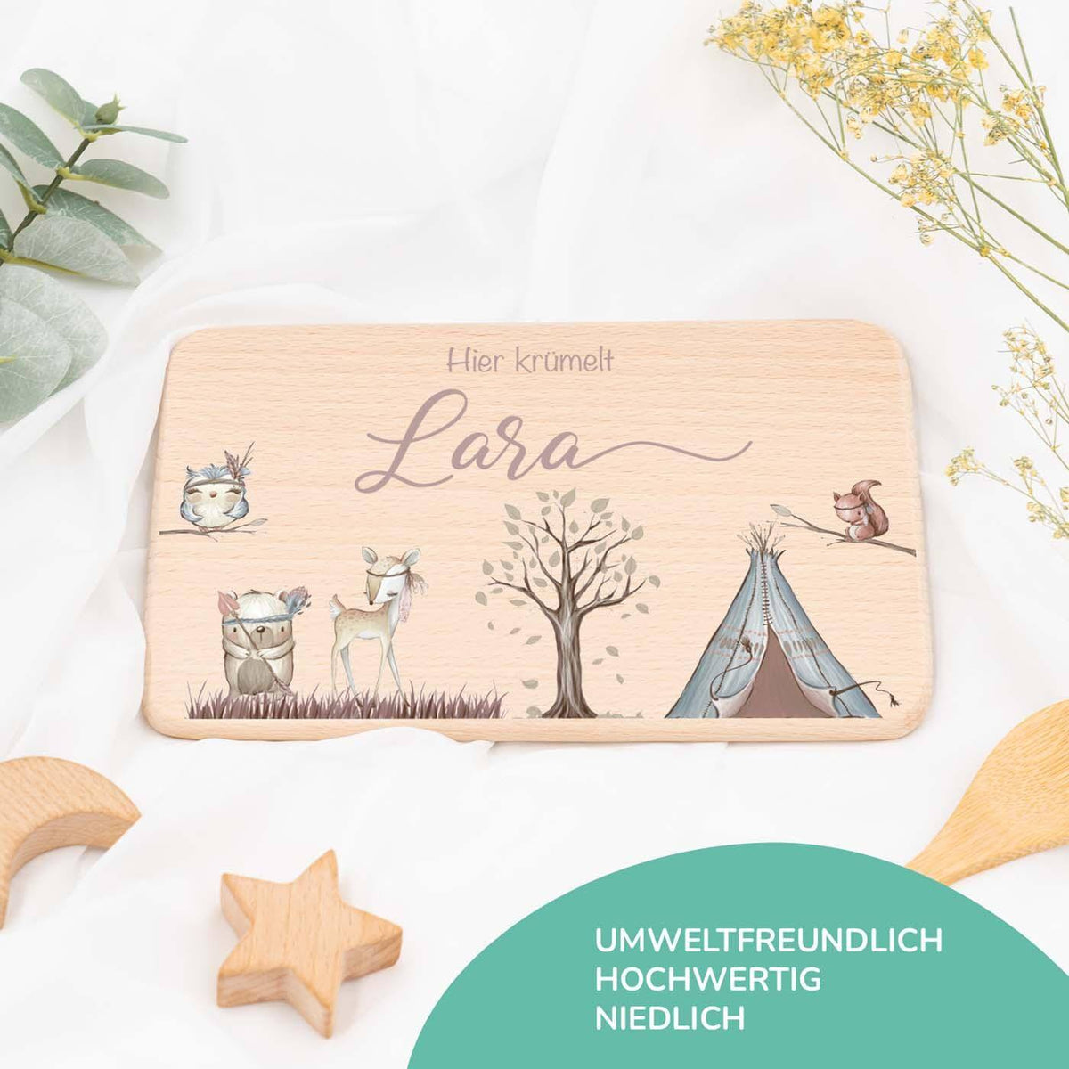 frühstücksbrettchen mit woodland motiv und individuellem namen
