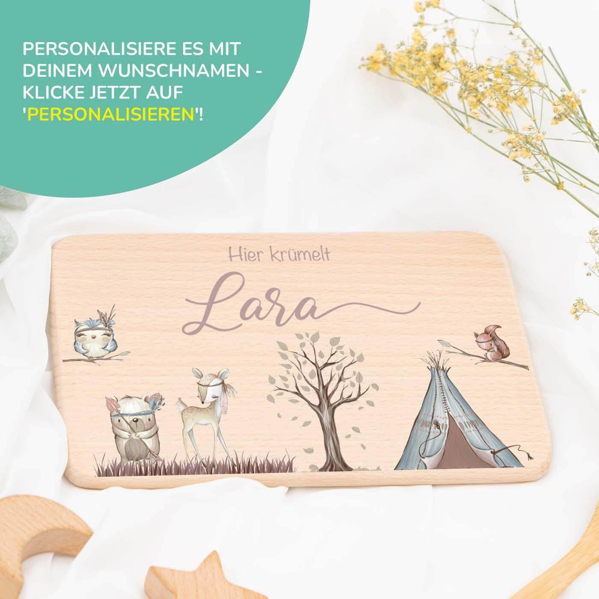 hochwertiges frühstücksbrettchen mit woodland personalisiert