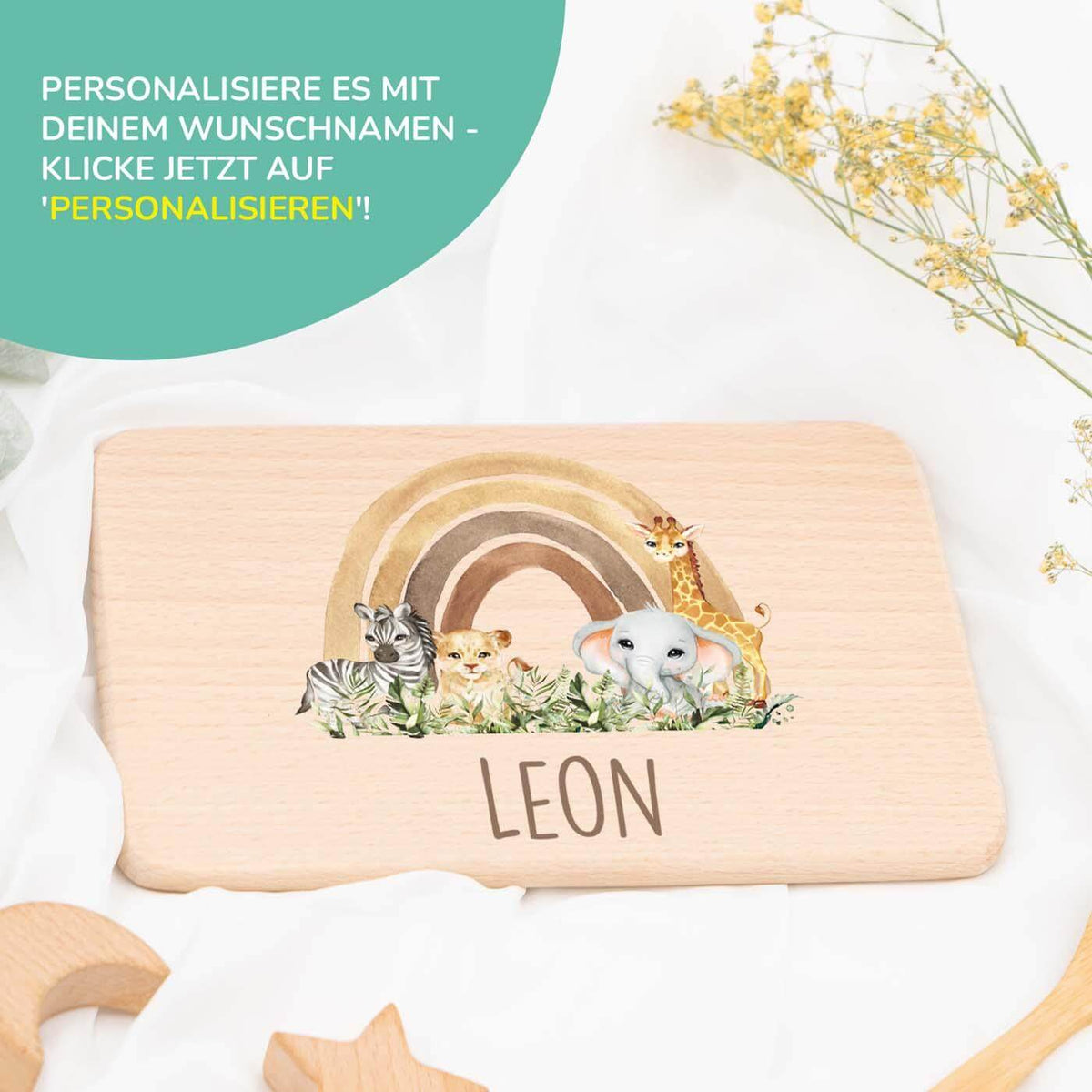 hochwertiges frühstücksbrettchen mit rainbow animals personalisiert
