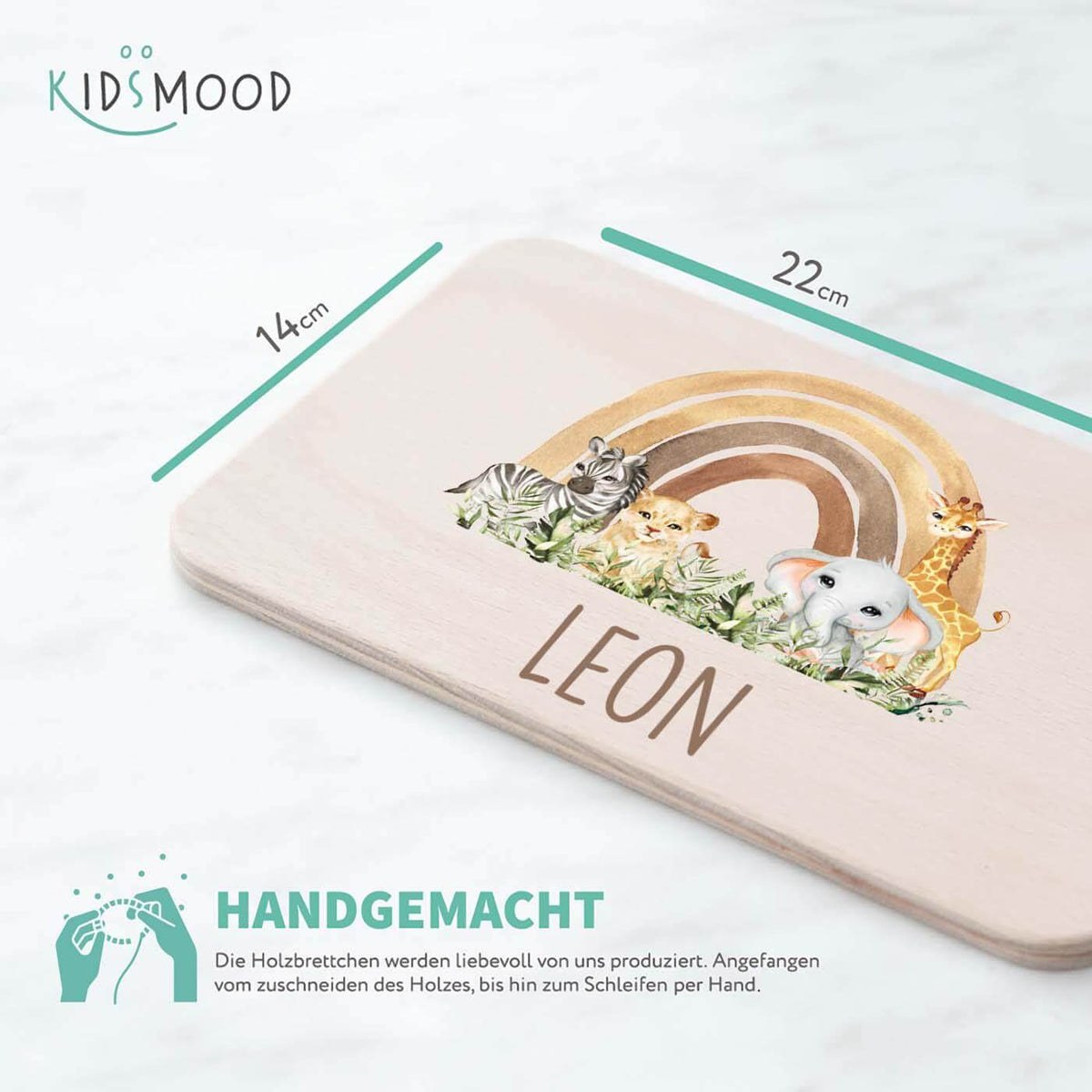 graviertes frühstücksbrettchen mit rainbow animals motiv