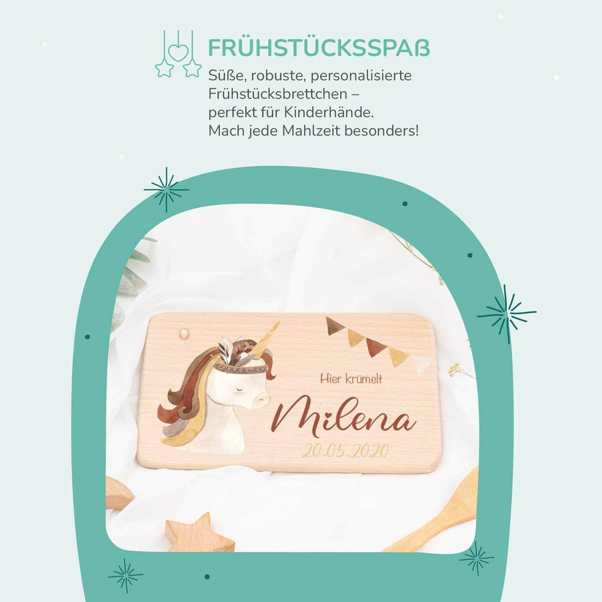 personalisiertes geschenk frühstücksbrettchen mit einhorn boho design