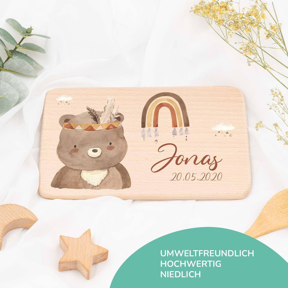 frühstücksbrettchen mit bär boho motiv und individuellem namen