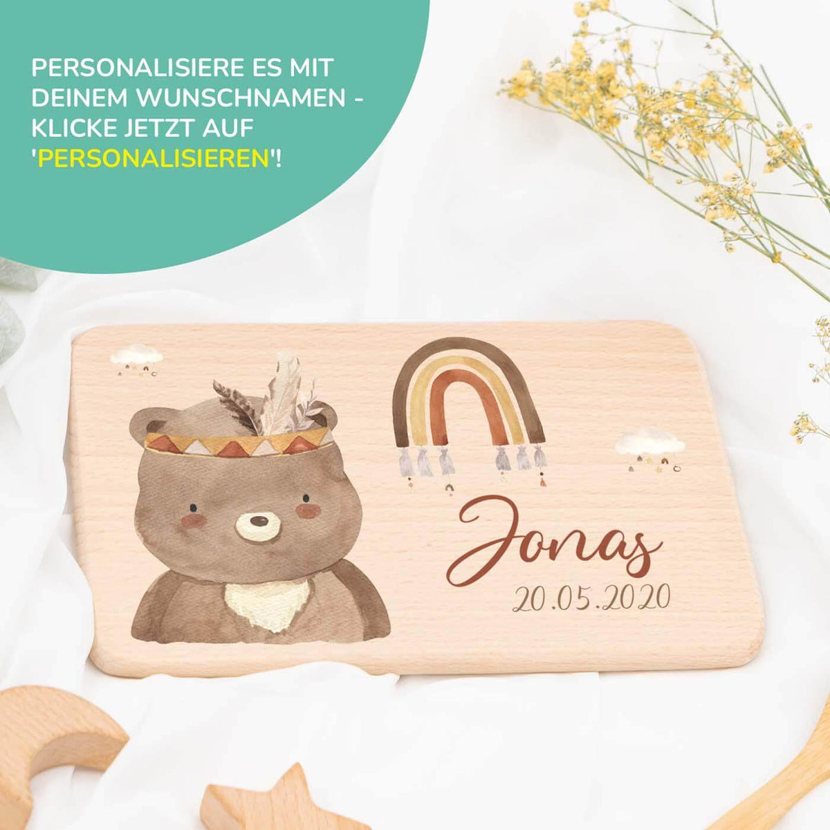 hochwertiges frühstücksbrettchen mit bär boho personalisiert