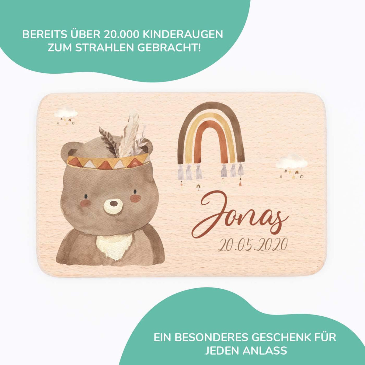 personalisiertes geschenk frühstücksbrettchen mit bär boho design