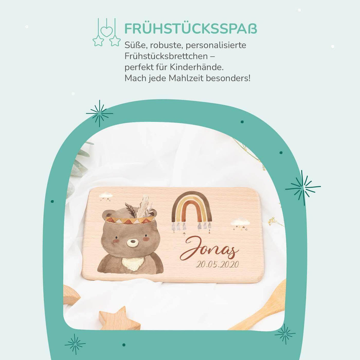 handgefertigtes frühstücksbrettchen mit bär boho gravur